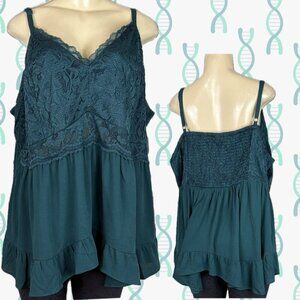 Torrid +5 Teal Lace V-Neck Shirred Back Ruffle Adjustable Strap Camisole Tank